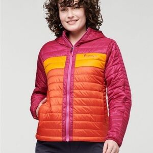 Cotopaxi Women's Puffer Jacket in Pink, Orange, and Yellow